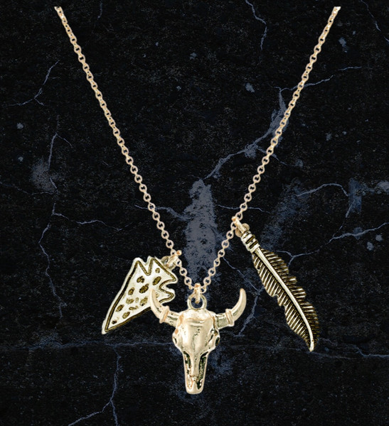 Alternate view of Long Horn Bull Feather Arrow Pendant Western Inspired Necklace Gold Plated