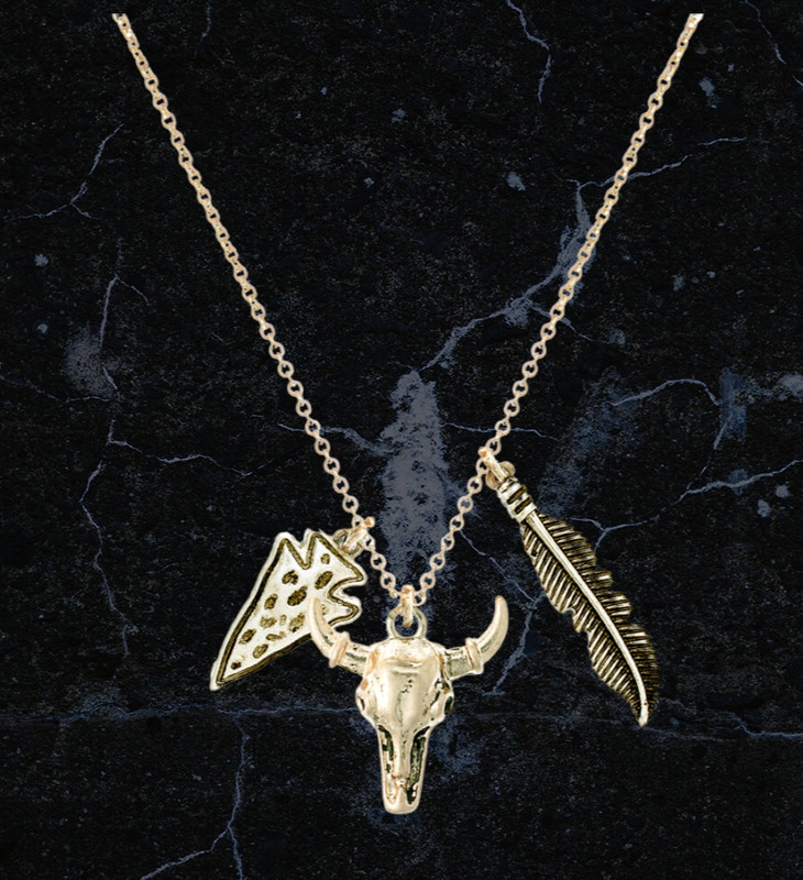 Long Horn Bull Feather Arrow Pendant Western Inspired Necklace Gold Plated - Product main view