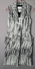 Kenzo Womens Small Long Trench Vest Coat Black White Cotton Silk