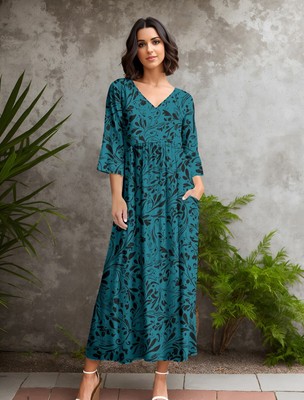 Bon Apple Tea Women's 3/4 Sleeve V-neck Empire Waist Maxi Dress with Pockets