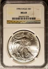 Key Date 1996 $1 Silver American Eagle MS 69 NGC # 3564767-024 + Bonus