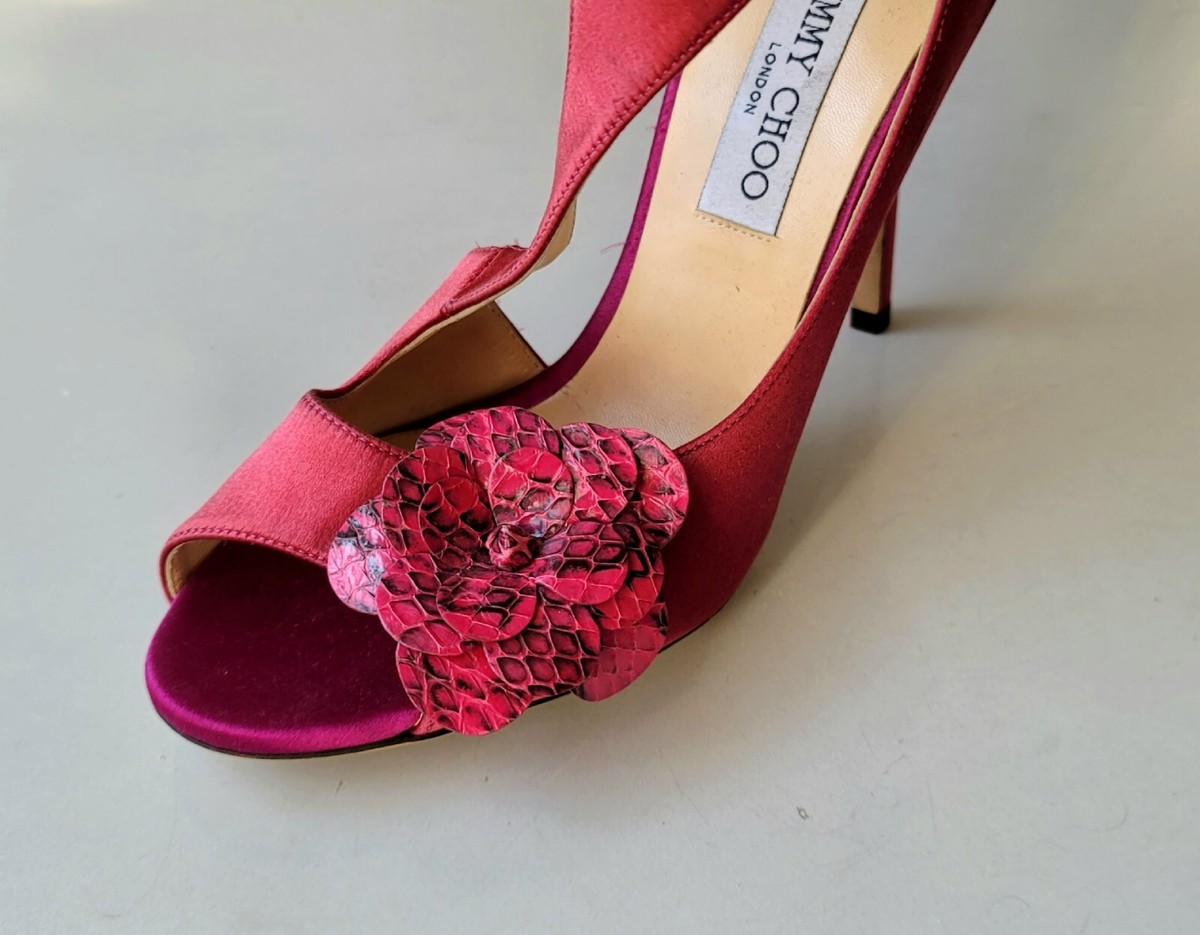 JIMMY CHOO pink red satin US 8 39 open-toe flower stiletto JIMMY CHOO pink red satin US 8 39 open-toe flower stiletto