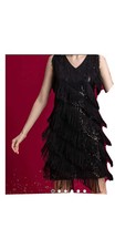 Sequin And Fringe Detailed Black Evening Dress