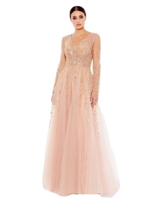Mac Duggal EMBELLISHED V NECK LONG SLEEVE A LINE GOWN Rose SZ 8 NWT 20295  $798 | eBay