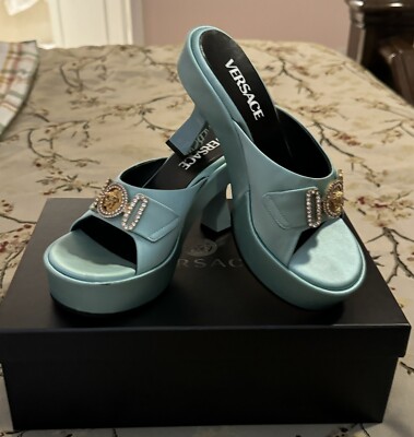 Versace Biggie Metallic Leather Mules Mint Green Women s 6.5