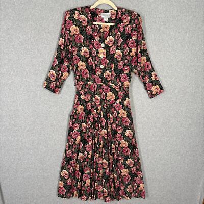 Vintage 80s Dress 9 10 Pink Green Floral Midi Pleated Pockets Cottage 90s Retro