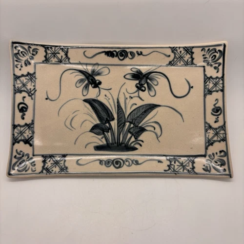 Bat Trang Vietnam Pottery Dish Hand Painted Dragonflies Plant Rectangle 6 X 9 In