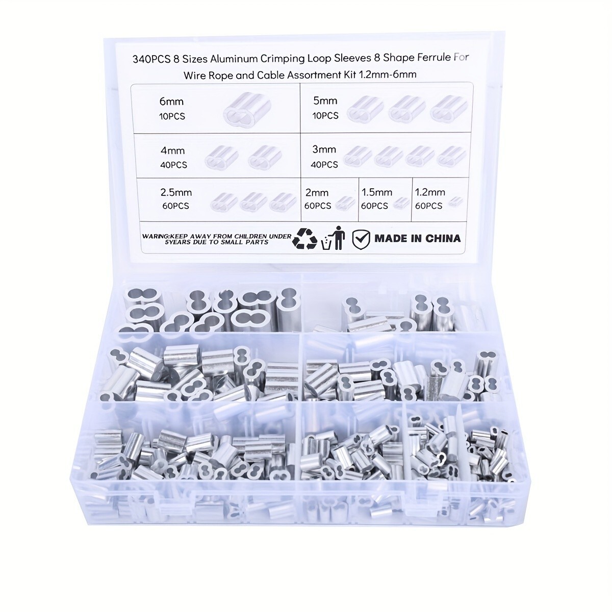 340Pcs 1/4'' Rope Cable Thimbles Aluminum Crimping Loop Sleeve Ferrule Wire NEW