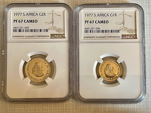South Africa 1977 Rand & 2 Rand 2pc Gold NGC PF67 Cameo Set Sku# 6115