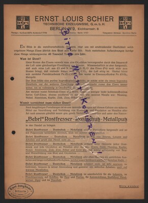 BERLIN, Prospekt 1924, E. L. Schier, ''Bebri''-Rostfresser, Rostschutz, Metallputz