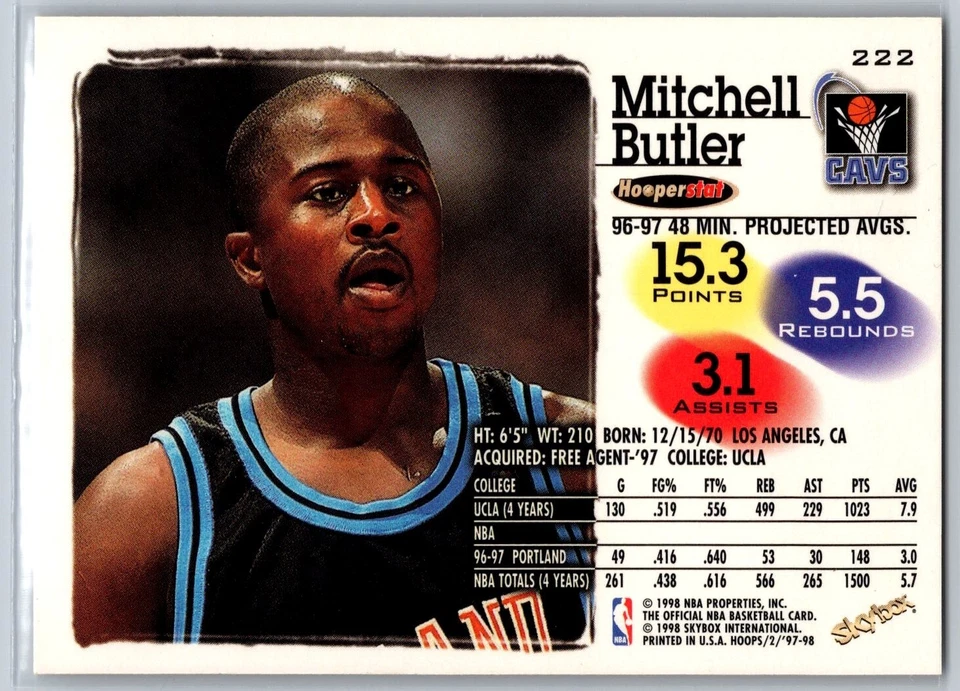 1997-98 NBA Hoops #222 Mitchell Butler Cleveland Cavaliers NBA Basketball Card - Image 2 of 2