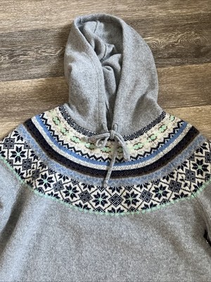 Women s Tabitha Webb Fair Isle Hooded Sweater Size L Blue Green Wool Blend EUC