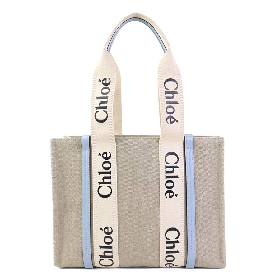 Auth Chloe Woody Tote Medium Tote Bag Beige/Light Blue Canvas/Leather - h32437k