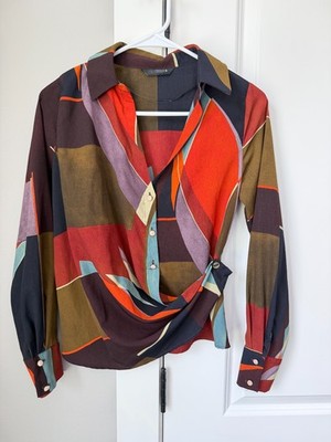 Zara Women s Geometric Button Up Shirt Collared Long Sleeve Multi Color XS