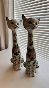 Vintage Rare Pair of Floral Cat Figurines Porcelain Collectible Sculpture