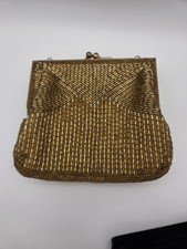 Vintage Gold Beaded Purse Evening Bag Clamshell Clutch 70s 80s