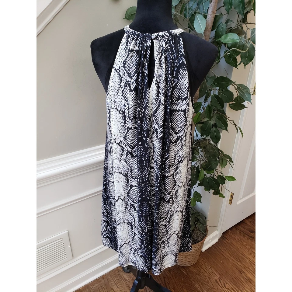 Vestido recto Nicole Miller para mujer L negro blanco estampado de serpiente cuello halter elástico Foto 4 de 4