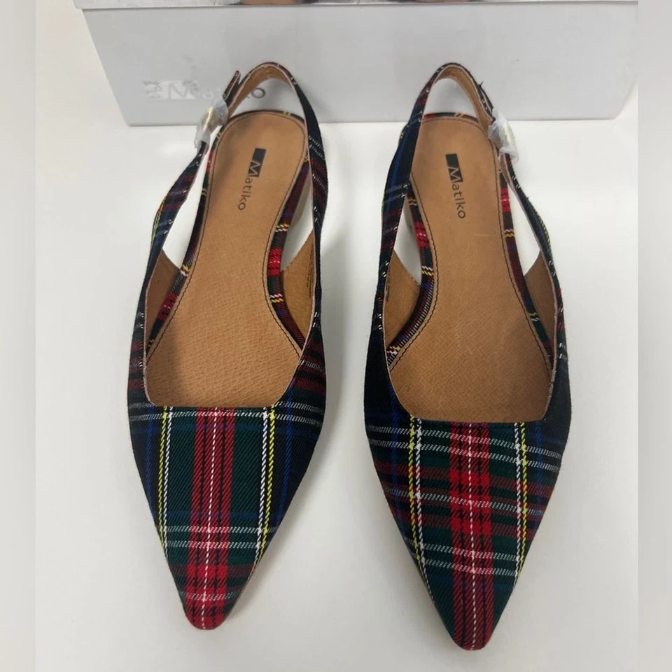 NIB Matiko Lori Green Tartan Flat Pointed Toe Slingback Holiday Preppy Size 6.5 - Image 3 of 4