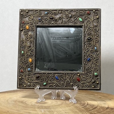 Ornate Jeweled Multicolor Glass Stone Framed  Mirror With Filigree Scrollwork 6 
