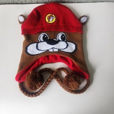 Buc-ees Beaver Mascot Earflap Beanie Hat Red Brown Fleece Lined Pom Pom Tassels