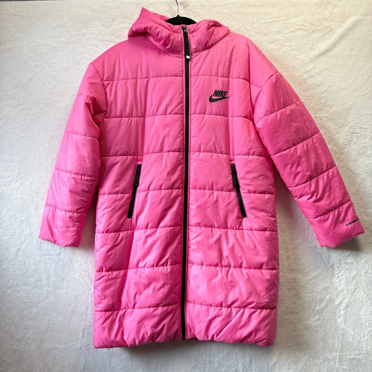 Nike Therma-FIT Puffer Coat Women Sz Small Pink Long Hooded Winter 