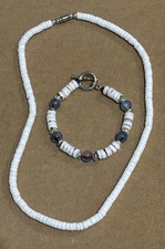 🟢 White Heishi Bead Set – Necklace & Swirl Glass Bracelet, Artisan Charm