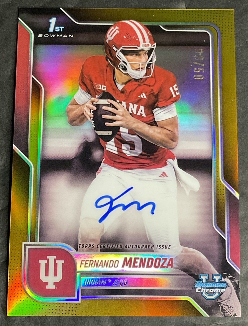 2025 Bowman U Chrome Fernando Mendoza 1st Bowman Gold Refractor Auto SN:08/50