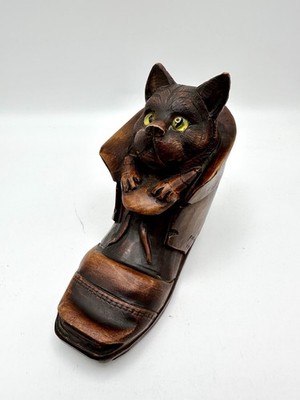 Antique Black Forest Hand Carved Wood Cat Kitty Puss in Boots Glass Eye Inkwell
