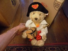 Steiff RARE Vtg Mohair Pirate Teddy Bear eye patch Treasure Chest Sword Hat Box