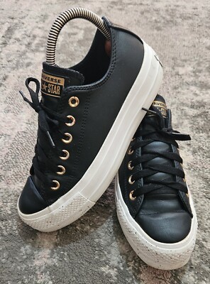 Converse Chuck Taylor Black Leather Rose Gold Platform Low Trainers Shoes  UK UK