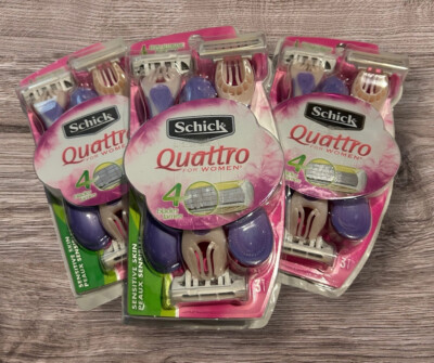 SCHICK QUATTRO 4 BLADE WOMEN'S DISPOSIBLE RAZORS SENSITIVE SKIN 3 PKS X3=9 TOTAL