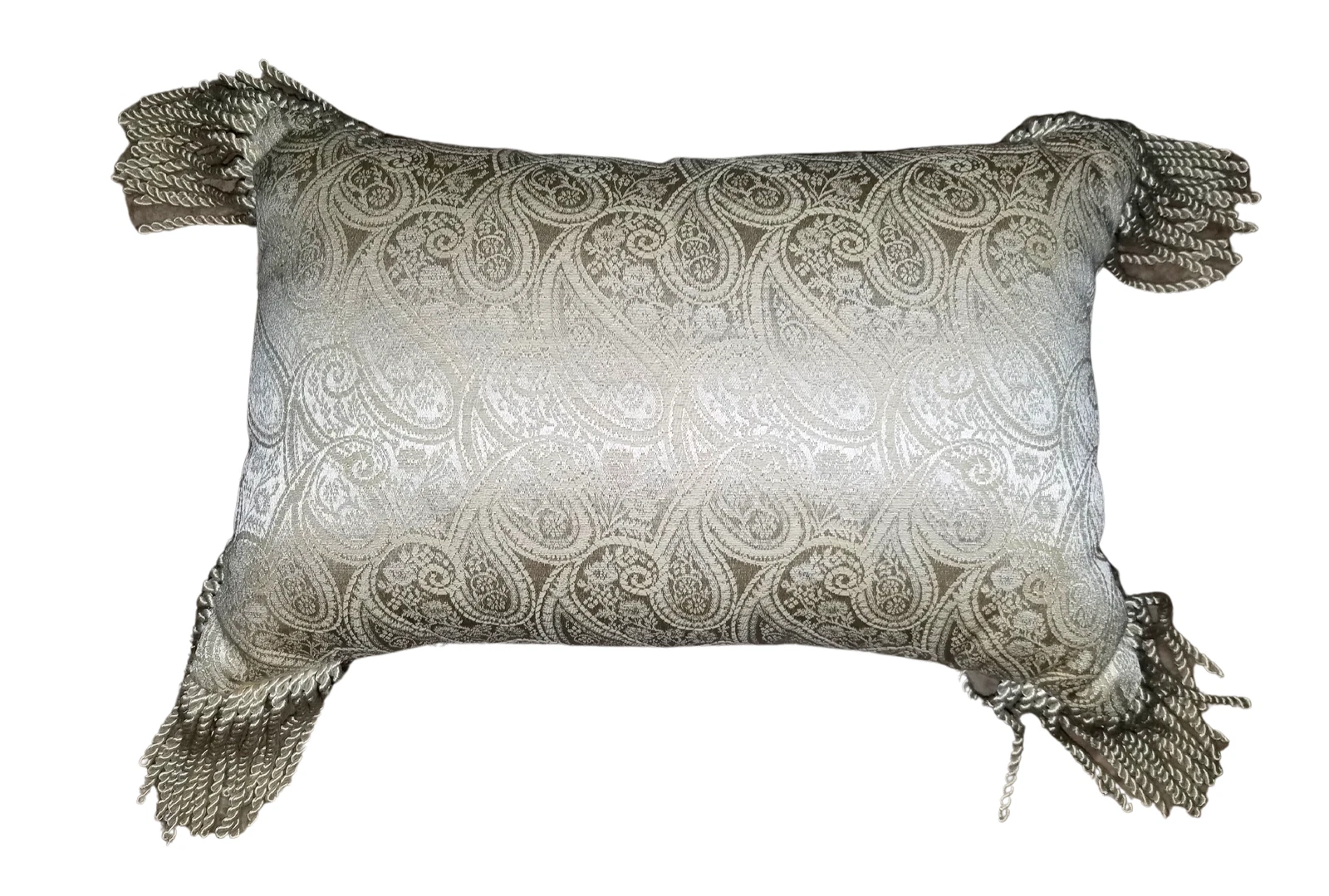 Vintage Throw Pillow Ivory Cream Paisley Decorative Damask Accent Fringe