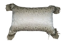 Vintage Throw Pillow Ivory Cream Paisley Decorative Damask  Accent Fringe
