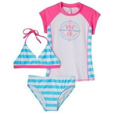 SO Girls Pink White  Blue Stripe 3 Piece Rashguard UPF 50 Set NWT Size XXS 4