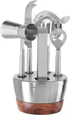 Oggi Bar Tool Set, Stainless Steel, Acacia, Cocktail Set, Bar Set, Bar Cart Déco
