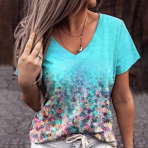 Womens Casual V Neck Floral Print T Shirt Tops Ladies Short Sleeve Loose Blouse - Picture 6 of 26