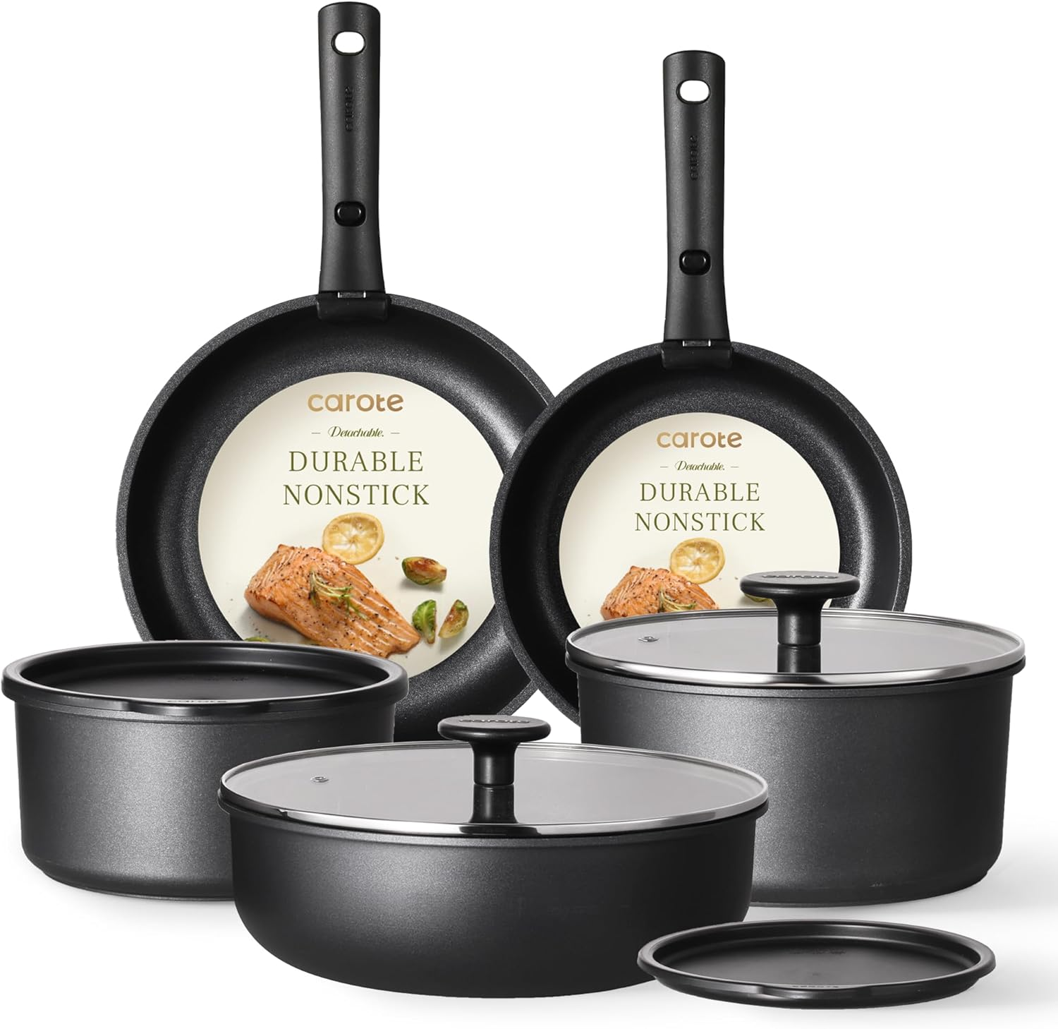 CAROTE Induction-Ready Nonstick Cookware Set with Removable Handle for RV & Oven Use in Sleek Black