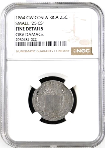 1864 GW Costa Rica 25 Centavos, NGC Fine Details-Damage, KM-105, Small 25 Cs