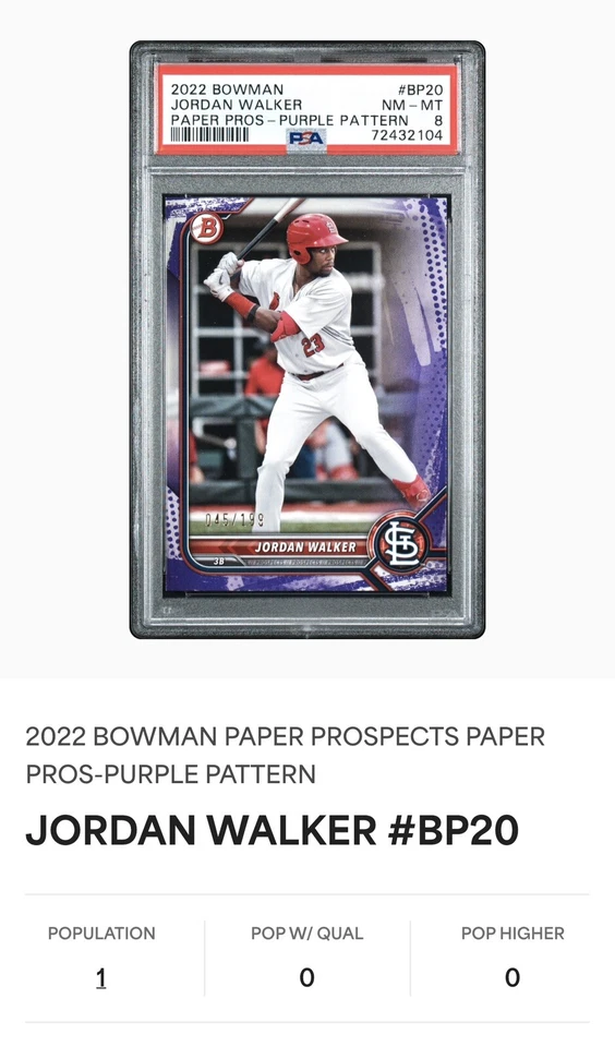 2022 Bowman Jordan Walker Prospect /199 Purple BP-20 RC psa 8 - Image 3 of 3