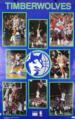 Affiche vintage 1990 MINNESOTA TIMBERWOLVES NBA Starline Collage 34 x 22 RARE - Photo 1/12