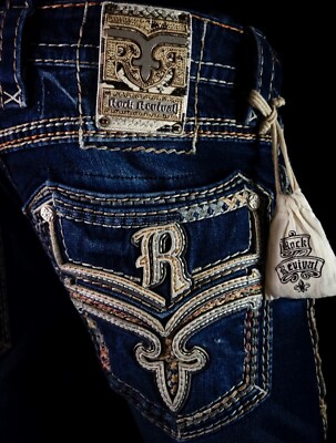 $250 Mens Rock Revival Jeans ''Rishi'' Thick Leather Inserts Straight 32 X 32