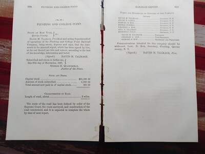  1867 Horse Railroad Report FLUSHING & COLLEGE POINT RR before Opening NYC 