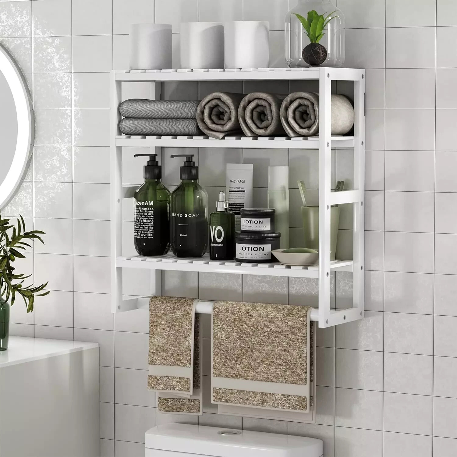 Bamboo Over The Toilet Towel Rack & Adjustable Floating Shelf for Bathroom