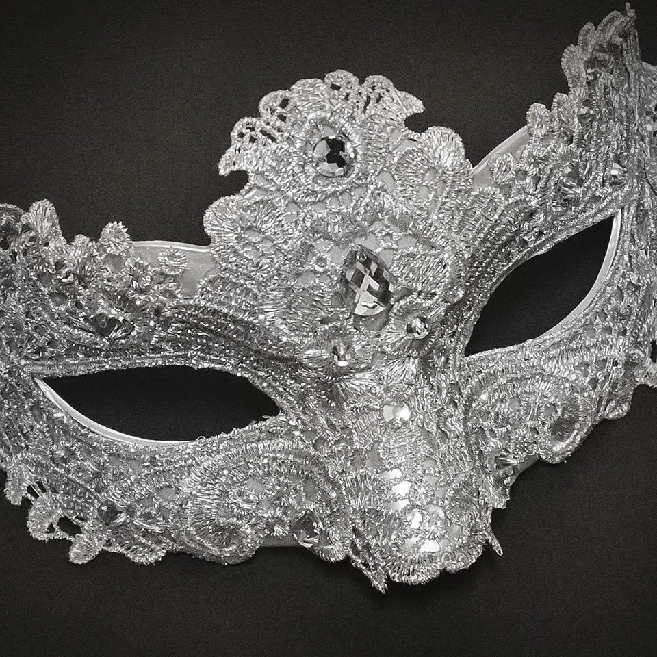 Brocade Lace Masquerade Mask Embellished with Gems for Women SILVER - Image 3 of 4