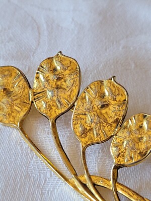 Ancienne Broche Métal Doré Et Céramique – Fleurs – Bijou Vintage