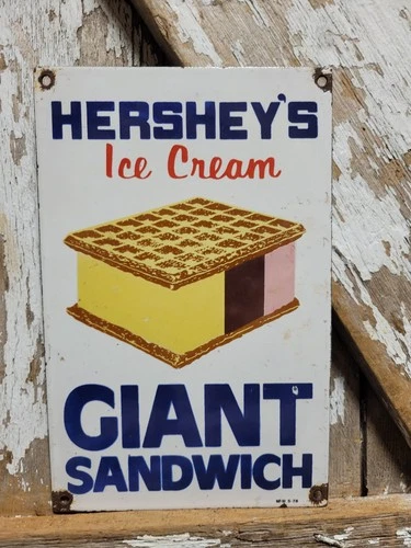 VINTAGE HERSHEYS ICE CREAM PORCELAIN SIGN OLD HARRISBURG PA DAIRY FARM MILK 1978