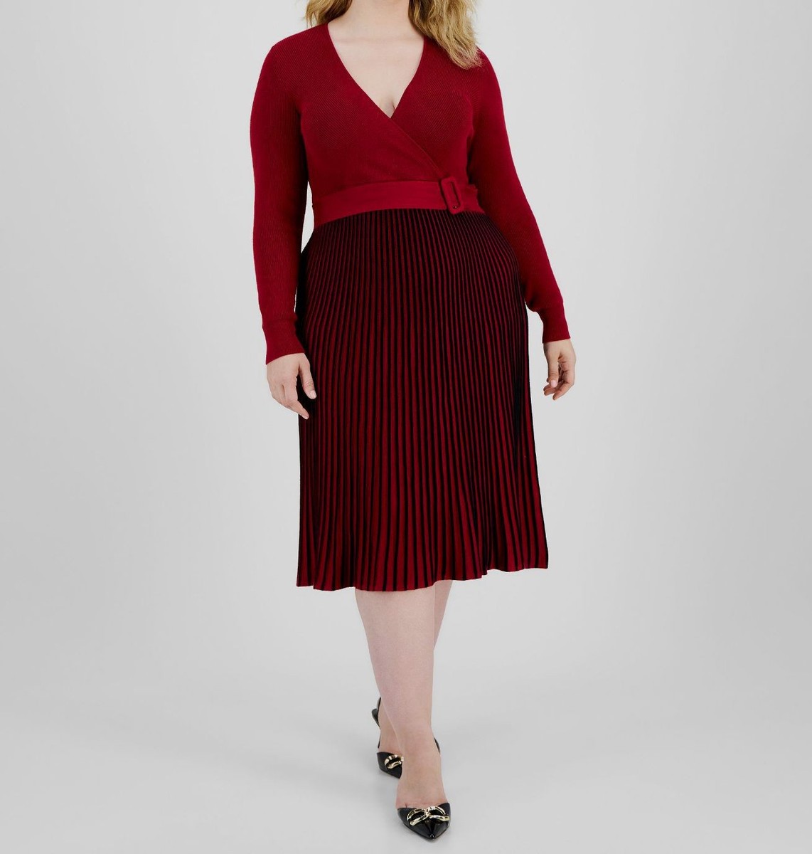 red pleated sweater dress Inspire CHIC Women's Long Sleeve Sweater Dress Crewneck Ribbed Knit Pleated A-Line Midi Dresses XL Wine Red, Black