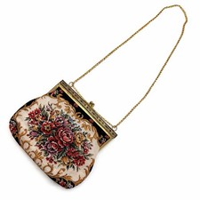 Vintage Floral Tapestry Evening Bag Gold Frame Kiss Lock Chain Purse 1950s Black