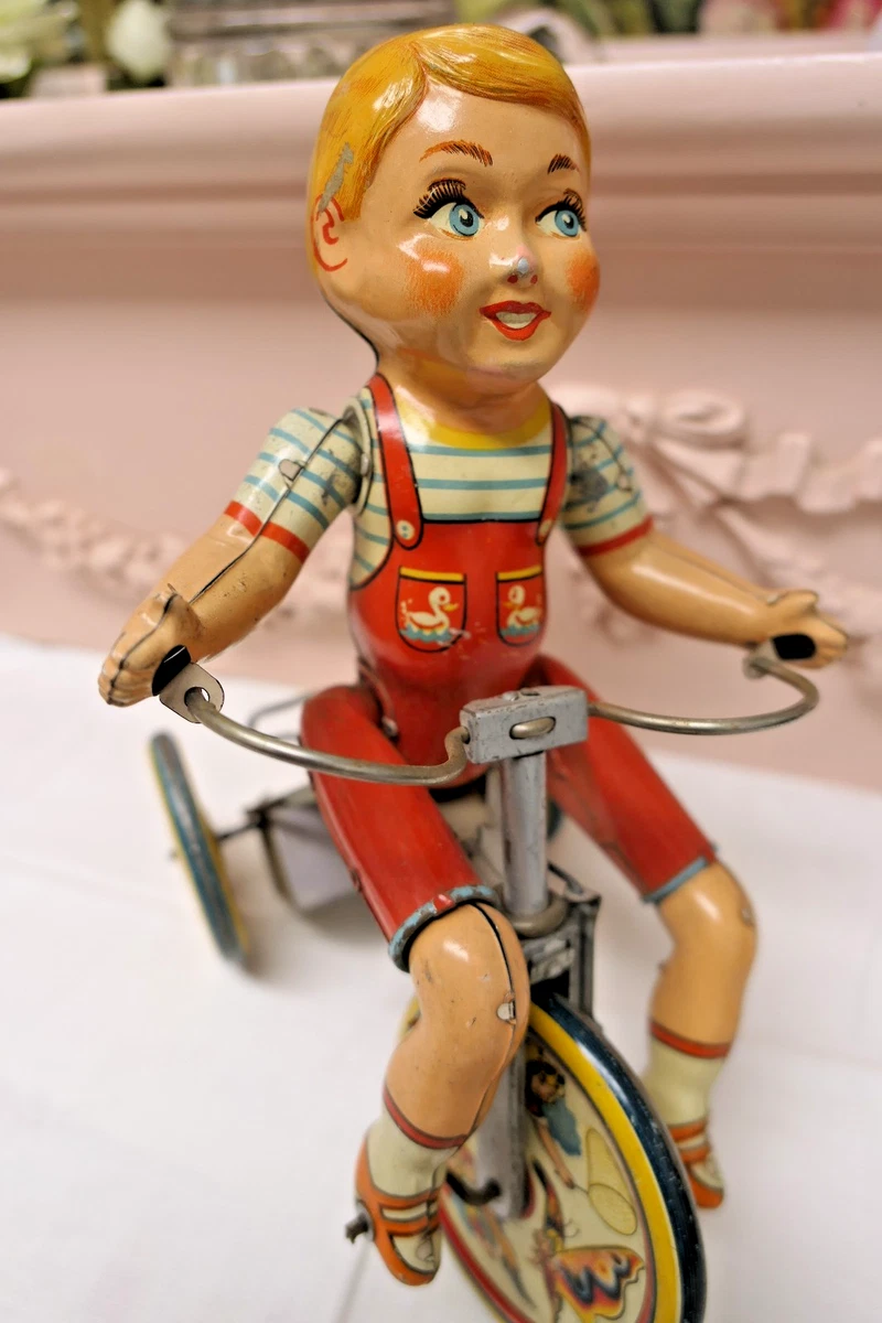 Vintage Blech Kiddy Radfahrer Aufziehspielzeug & Schlüssel! Junge auf dem Fahrrad/Trike! ~ Unique Art Co!