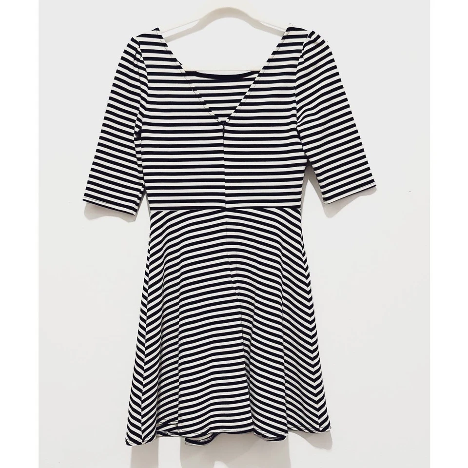 Pixley - Women's Black & White Striped, Half Sleeve, Fit and Flare Dress, size S - Image 2 of 4
